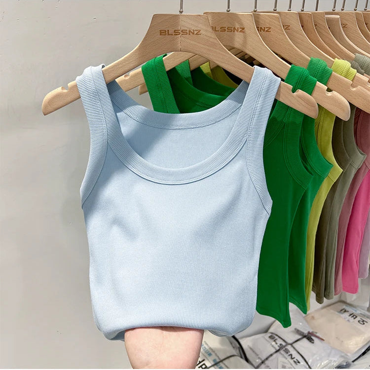 Ribbestrikket Rundhalset Topp – Basic Sommer Singlet for Dame