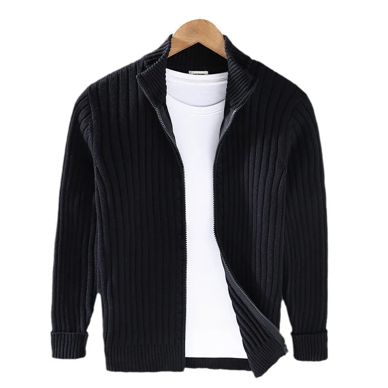 Strikket Herrecardigan med Glidelås – Slim Fit, Halvhøy Hals og Varm Komfort til Vår og Høst