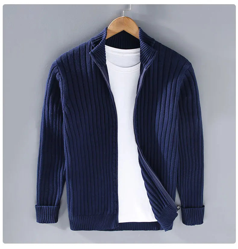 Strikket Herrecardigan med Glidelås – Slim Fit, Halvhøy Hals og Varm Komfort til Vår og Høst