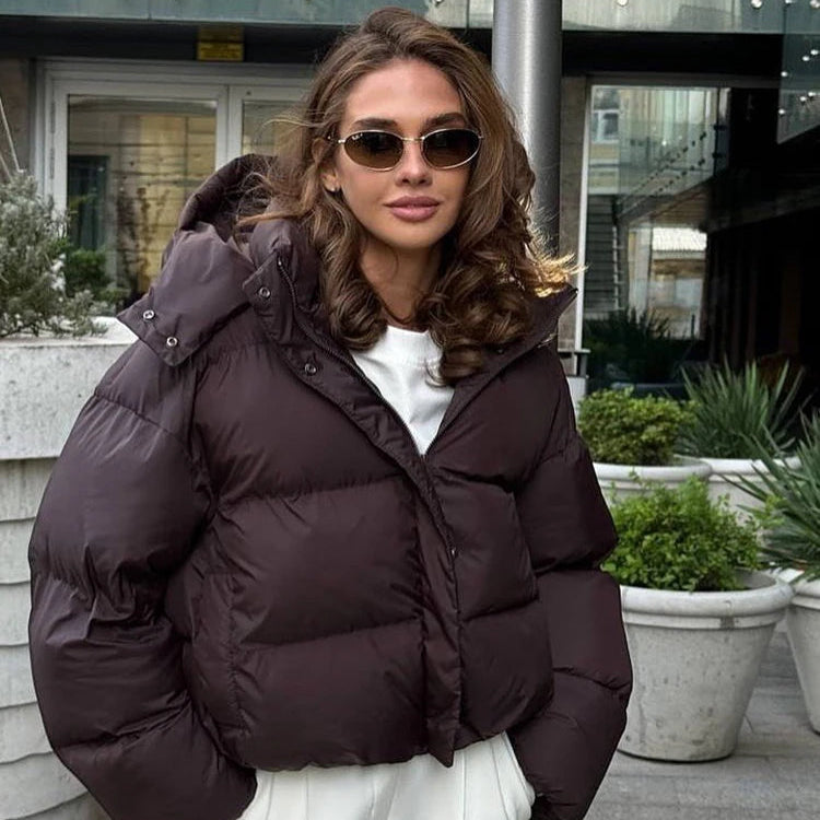 Kort Bomullsjakke for Dame – Hettejakke med Ståkrage | Løs & Elegant til Høst og Vinter