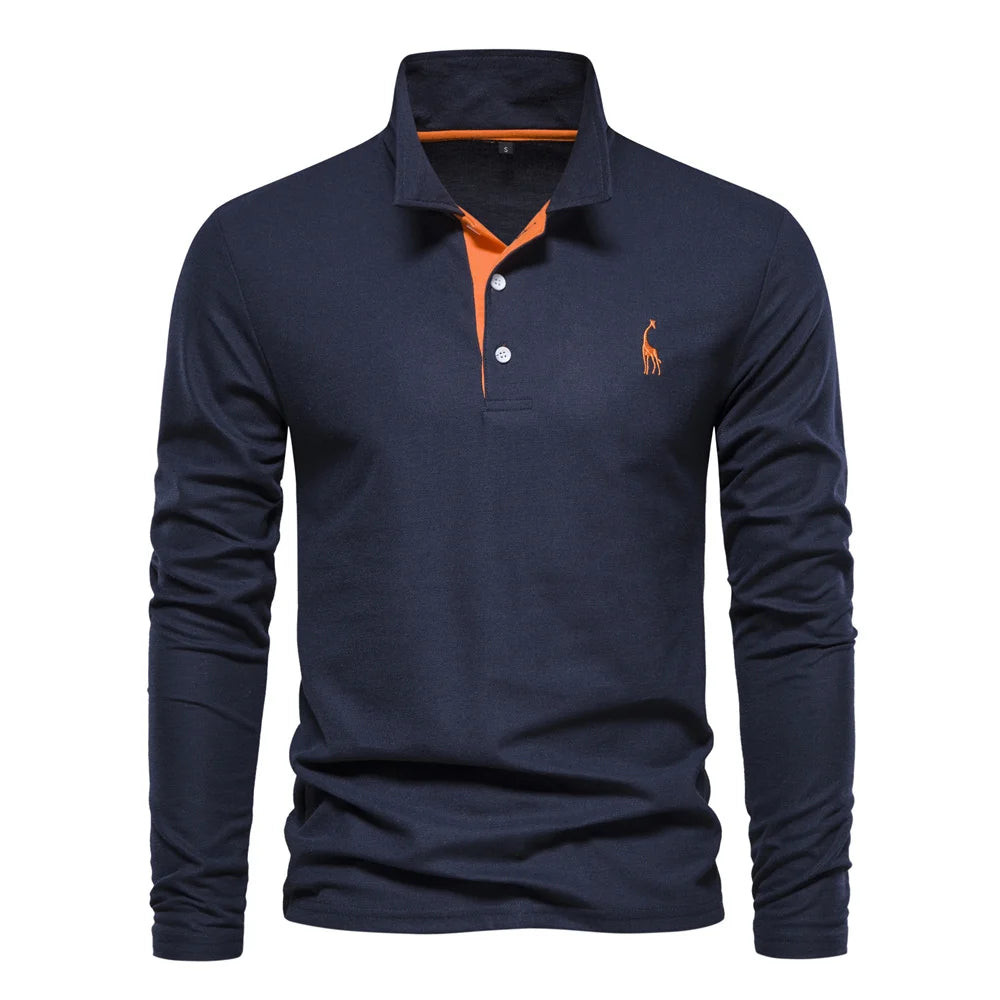 Langermet Pique Skjorte for Herre – Ensfarget med Brodert Hjort, Perfekt for Vår og Business Casual