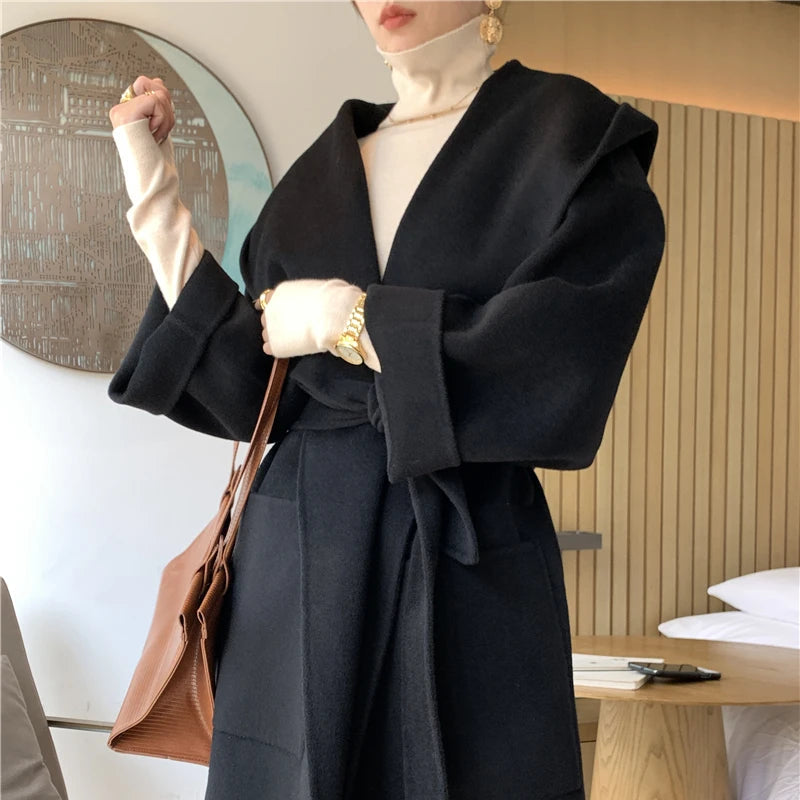 Vintage Elegant Cashmere Kåpe til Dame – Dobbelsidig Ullkåpe med Hette