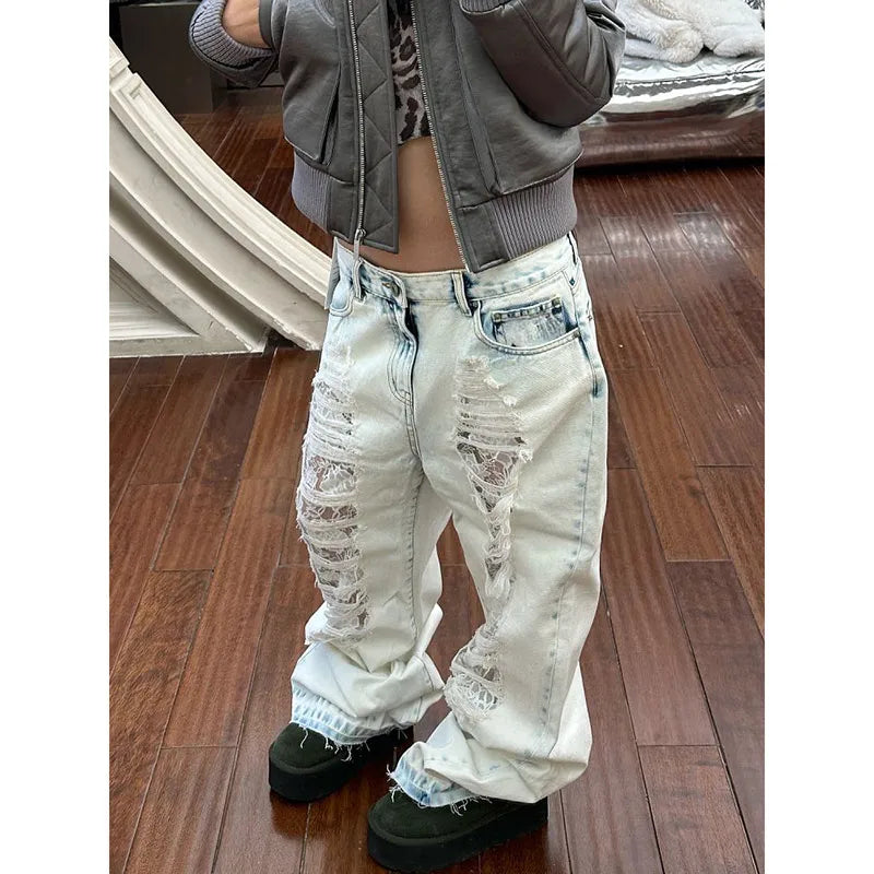 Lyseblå Ripped Jeans for Dame – Høyt Liv & Løs Passform | Vintage Straight Fit Denim i Y2K Street-stil