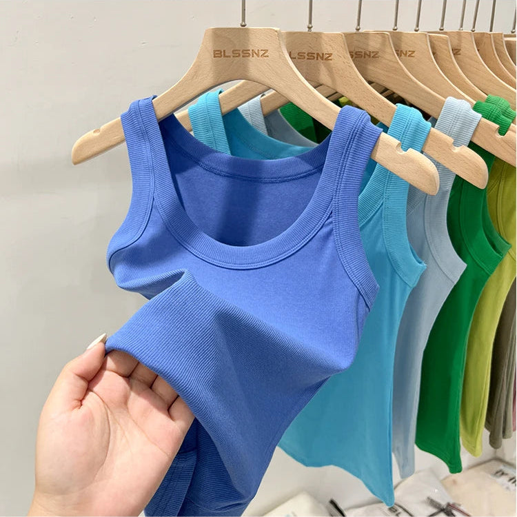 Ribbestrikket Rundhalset Topp – Basic Sommer Singlet for Dame