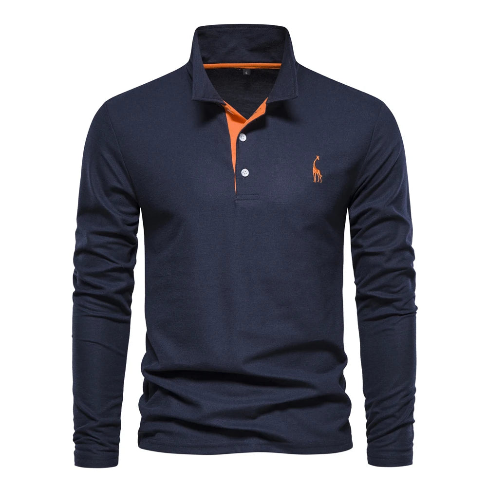 Langermet Pique Skjorte for Herre – Ensfarget med Brodert Hjort, Perfekt for Vår og Business Casual