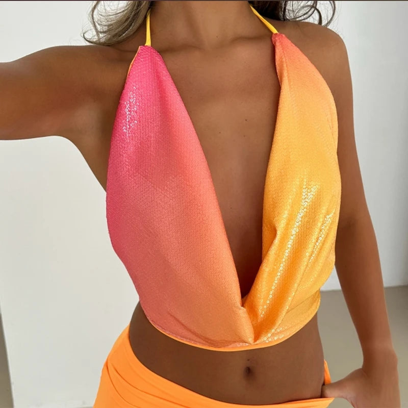 Fargerikt Paljettsett – Halterneck Toppløs Vest & Bodycon Miniskjørt