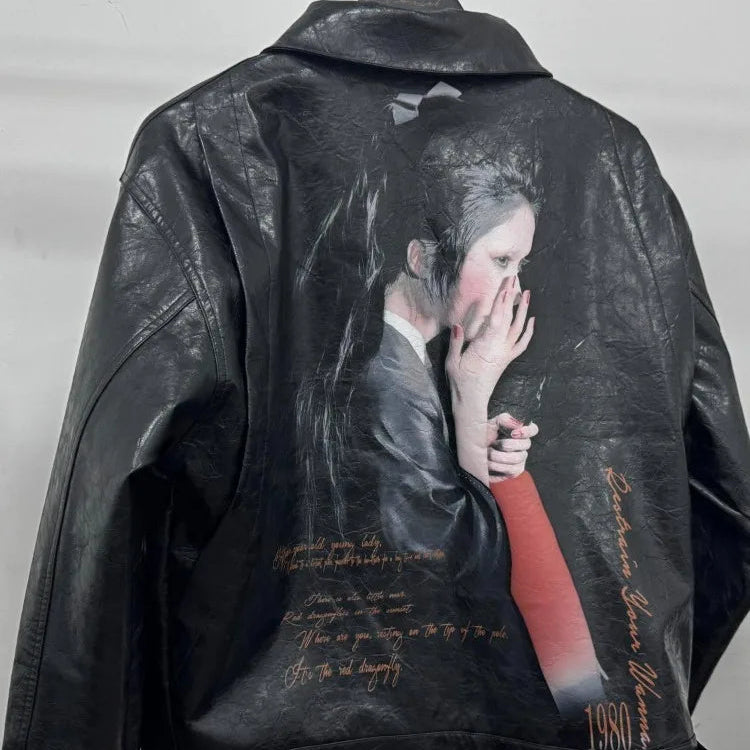 Harajuku Skinnjakke for Dame – Vintage PU Jakke med Print | Streetwear & Y2K Stil til Høst og Vinter