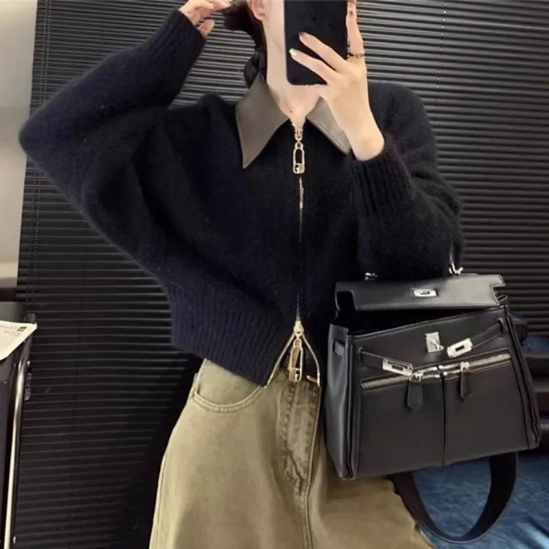 Strikket cardigan med polokrage – langermet, løs passform (dame)