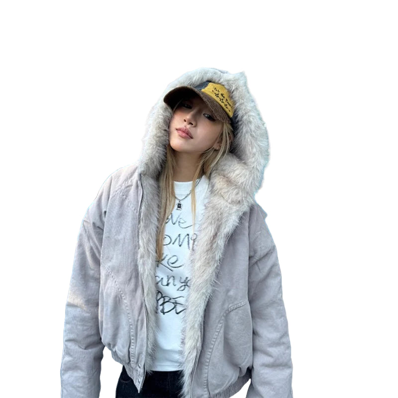 Retro Vinterjakke for Dame med Fuskepelskrage og Hette – Tykk, Varm & Løs Y2K Streetwear Stil