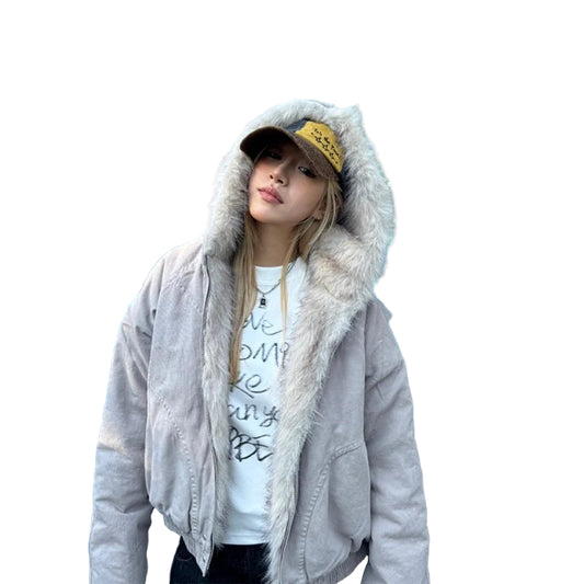 Retro Vinterjakke for Dame med Fuskepelskrage og Hette – Tykk, Varm & Løs Y2K Streetwear Stil