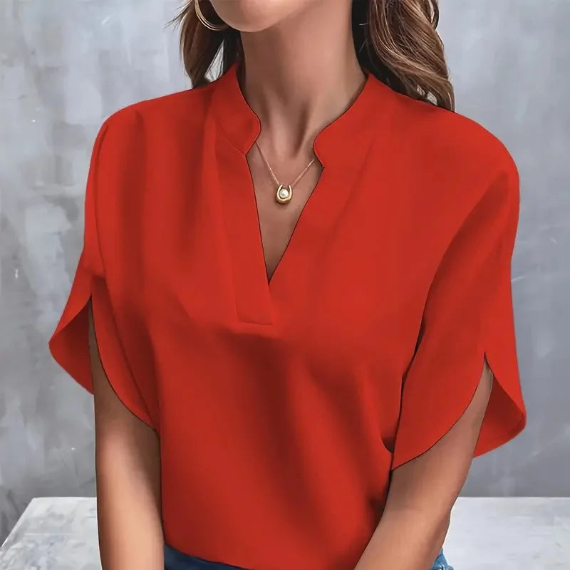 Elegant og Løs V-hals Bluse til Dame – Halv Erm og Pullover-stil (2024)