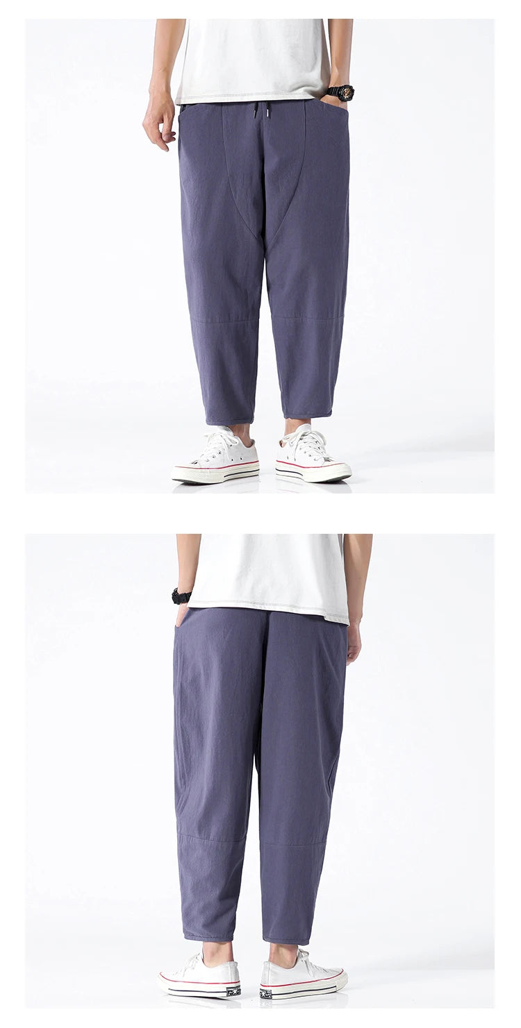 Trendy Herrebukser i 100% Bomull – Japanskinspirert, Løs Passform og Cropped Lengde (opptil 5XL)