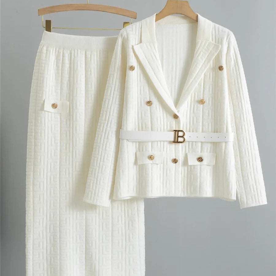 Chic Strikket 2-delt Sett til Dame – Cardigan med Belte & Høytliv Skjørt