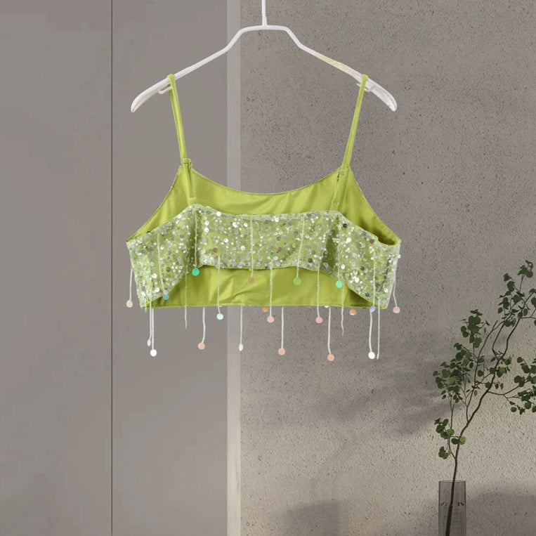 Glimrende Ibiza-sett – Paljetter & Frynser, Ermeløs Topp & Skjørt