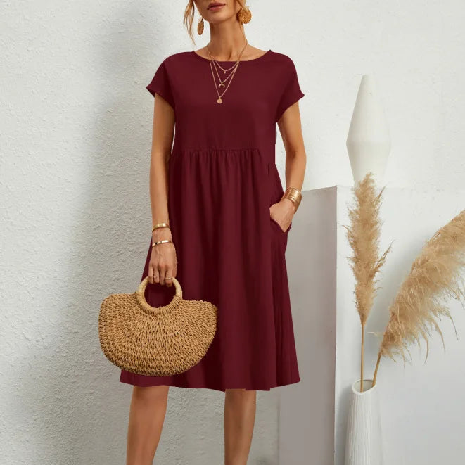 Sommerkjole i Bomull – Elegant Boho A-linje Kjole med Korte Ermer for Kvinner