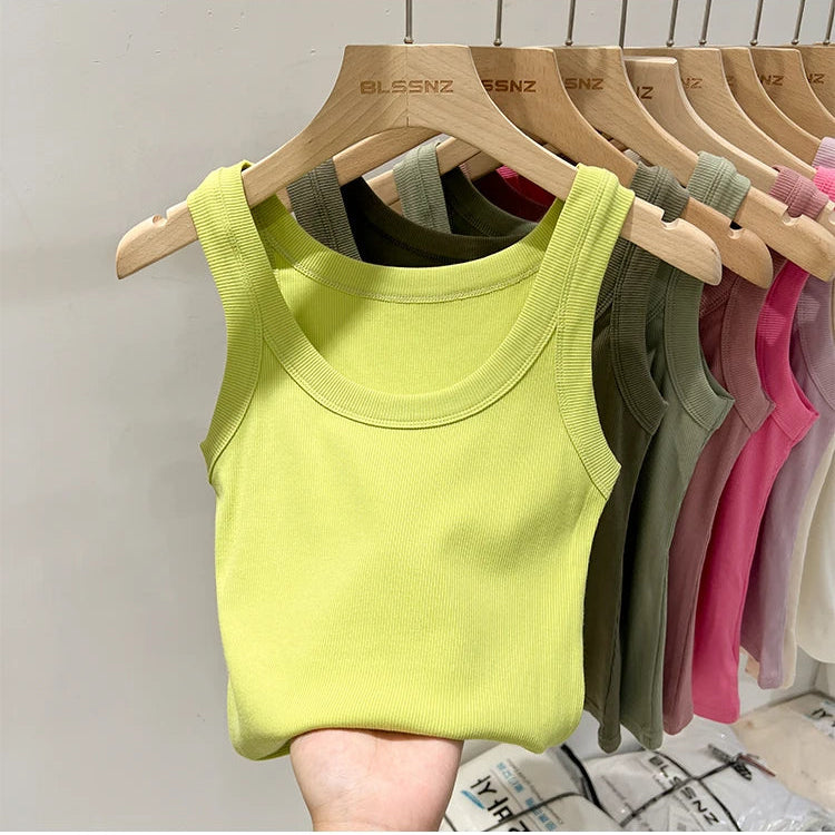 Ribbestrikket Rundhalset Topp – Basic Sommer Singlet for Dame