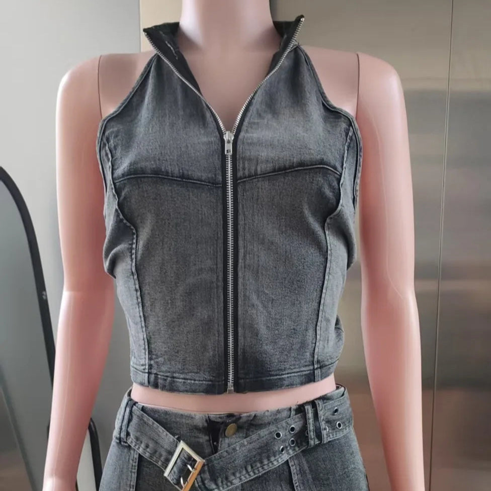 Trendy Denimsett for Kvinner – Kort Cardigan med Glidelås & Ermeløs Crop Top + Skinny Shorts