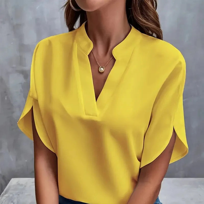 Elegant og Løs V-hals Bluse til Dame – Halv Erm og Pullover-stil (2024)