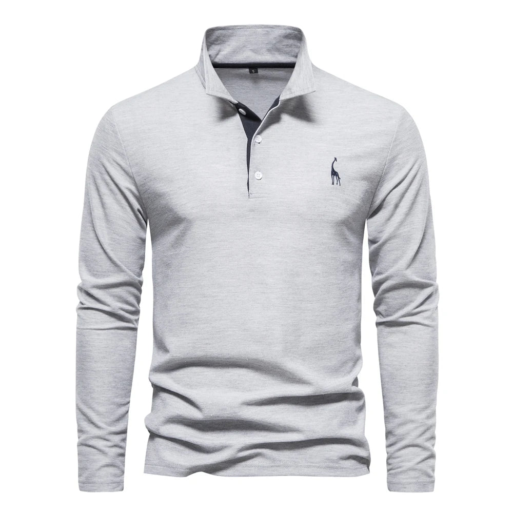 Langermet Pique Skjorte for Herre – Ensfarget med Brodert Hjort, Perfekt for Vår og Business Casual