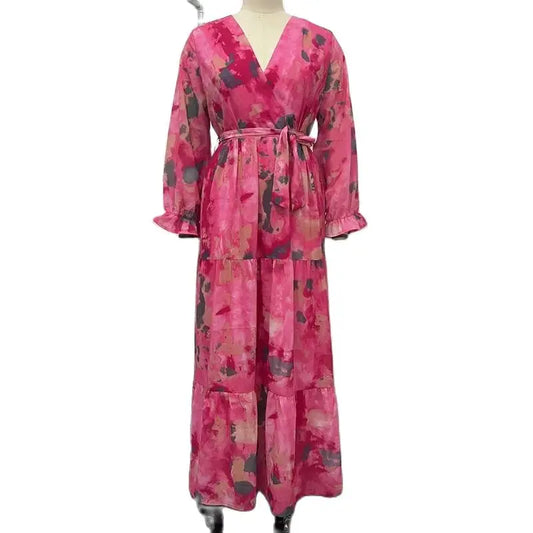 Blomstret Boho Maxikjole med Lange Ermer – V-hals, Høy Midje og Belte (Vår/Sommer)