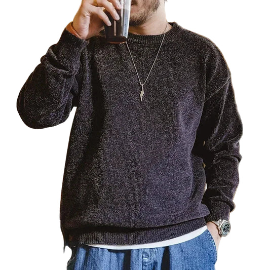 Herre Genser i Myk Chenille – Rund Hals, Ensfarget & Varm Strikkegenser | Høst & Vinter