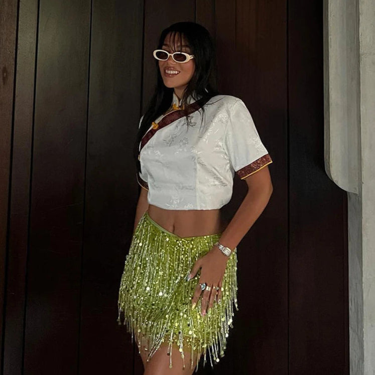 Glimrende Ibiza-sett – Paljetter & Frynser, Ermeløs Topp & Skjørt