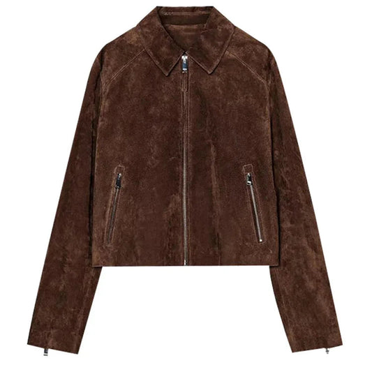 Vintage Semsket Kort Jakke til Dame – Streetwear med Glidelås & Krage