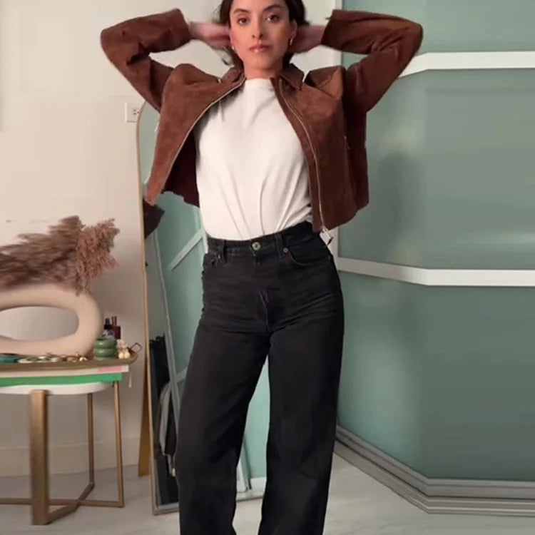 Vintage Semsket Kort Jakke til Dame – Streetwear med Glidelås & Krage