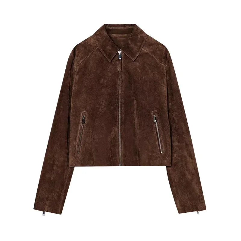 Vintage Semsket Kort Jakke til Dame – Streetwear med Glidelås & Krage