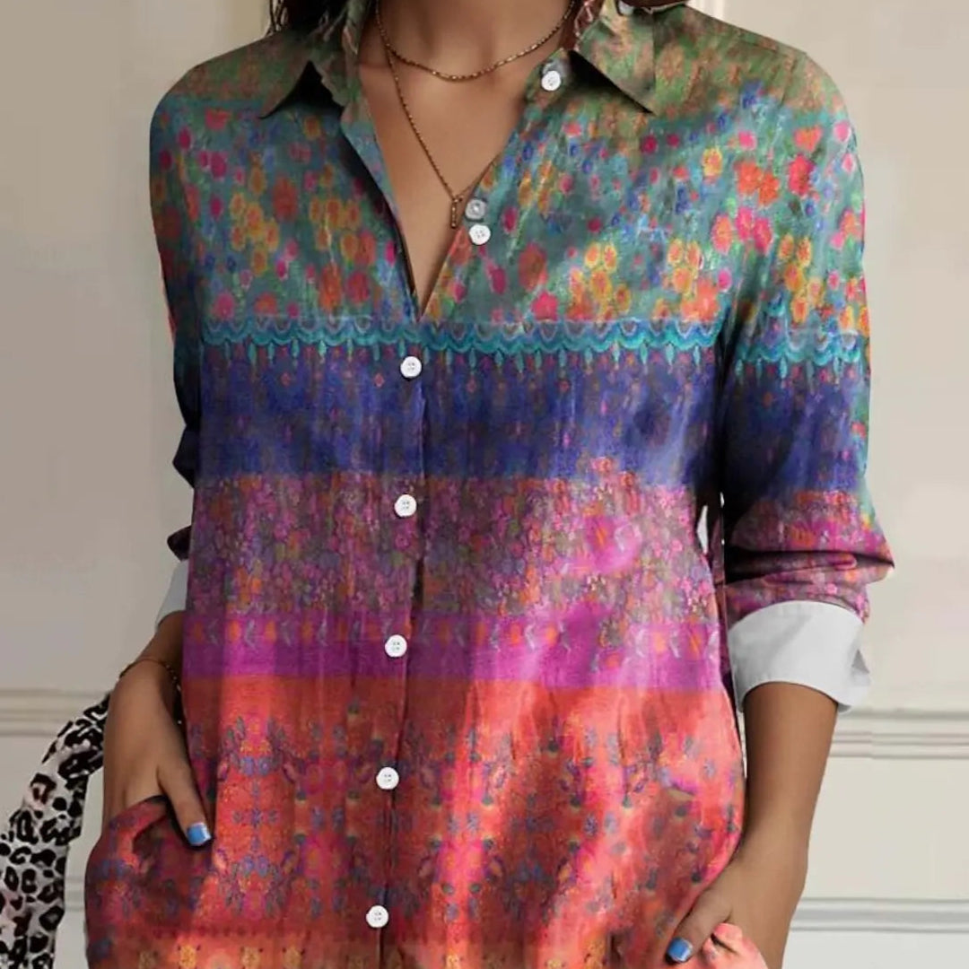 Blomstrete Skjorte for Dame – Stilig Langermet Bluse med Krage