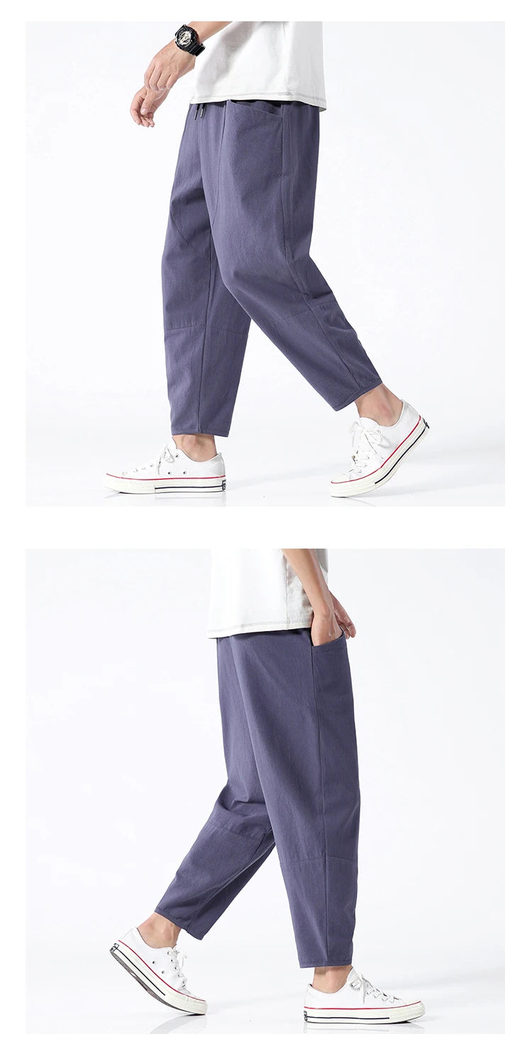 Trendy Herrebukser i 100% Bomull – Japanskinspirert, Løs Passform og Cropped Lengde (opptil 5XL)