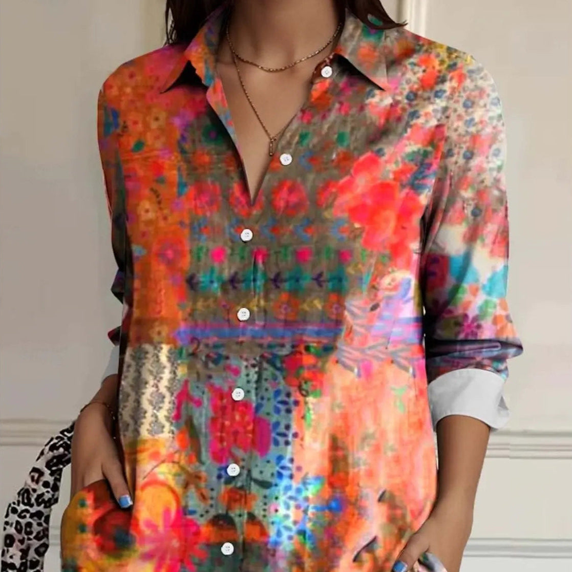 Blomstrete Skjorte for Dame – Stilig Langermet Bluse med Krage