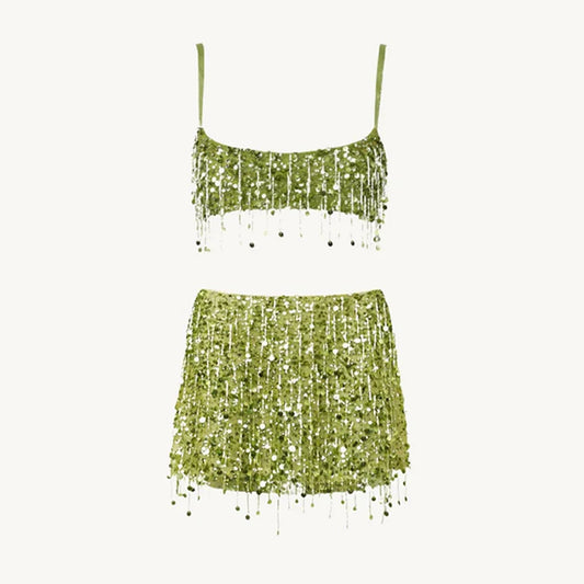 Glimrende Ibiza-sett – Paljetter & Frynser, Ermeløs Topp & Skjørt