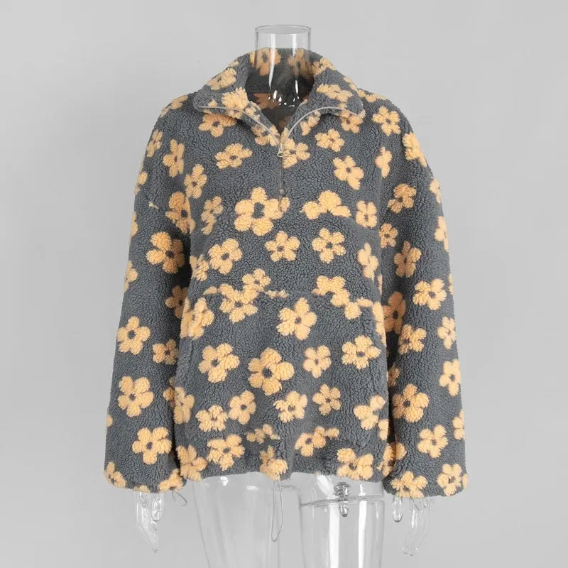 Blomstrete Fuskepels Hettejakke for Dame – Myk, Løs & Varm Teddyjakke | Perfekt til Høst og Vinter