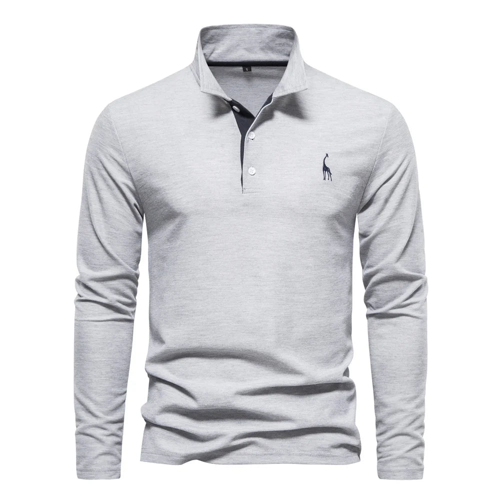 Langermet Pique Skjorte for Herre – Ensfarget med Brodert Hjort, Perfekt for Vår og Business Casual