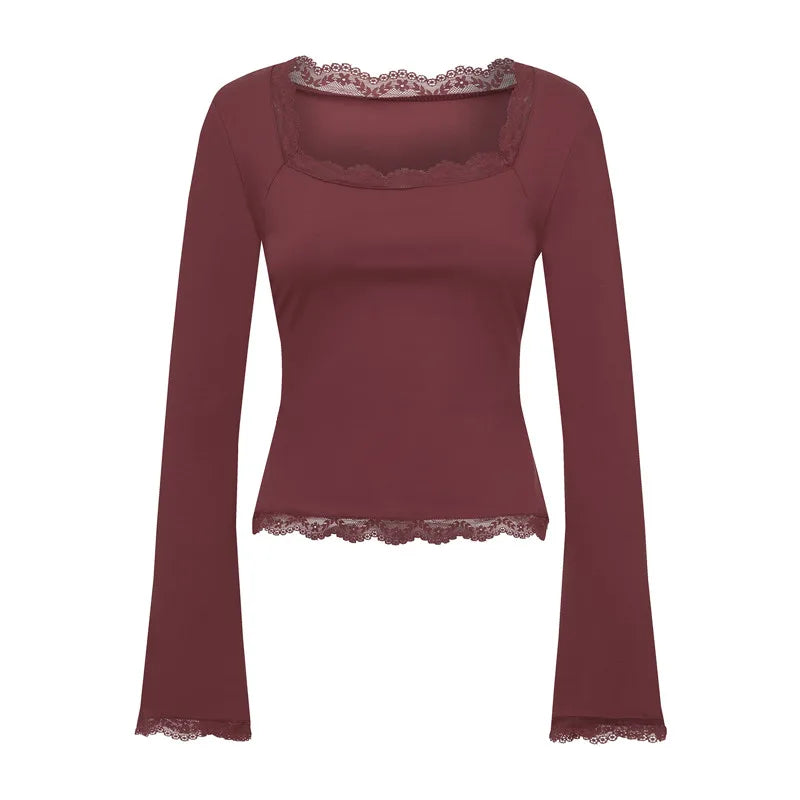 Trendy Kvadratisk Hals Topp med Blondekant – Langermet Slim Fit