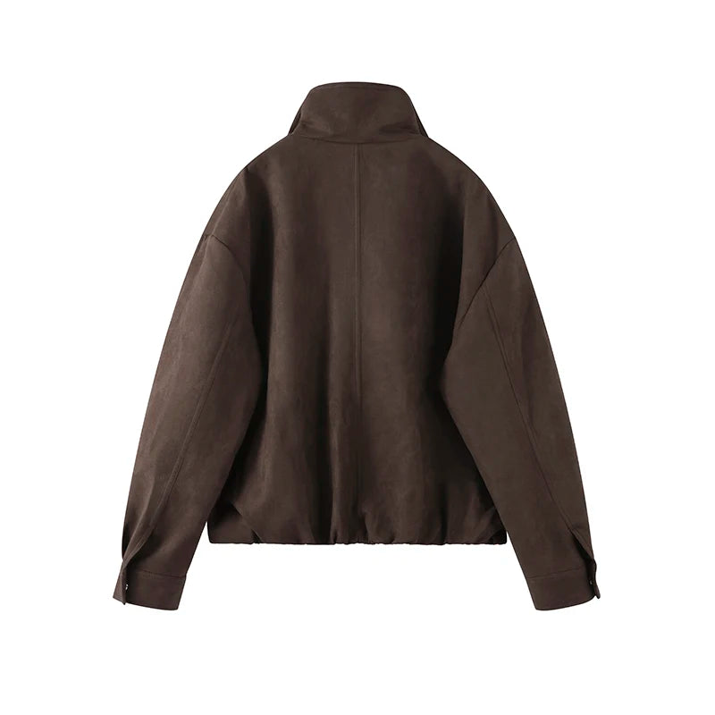 Varm damejakke i brun – ståkrage, glidelås & knapper