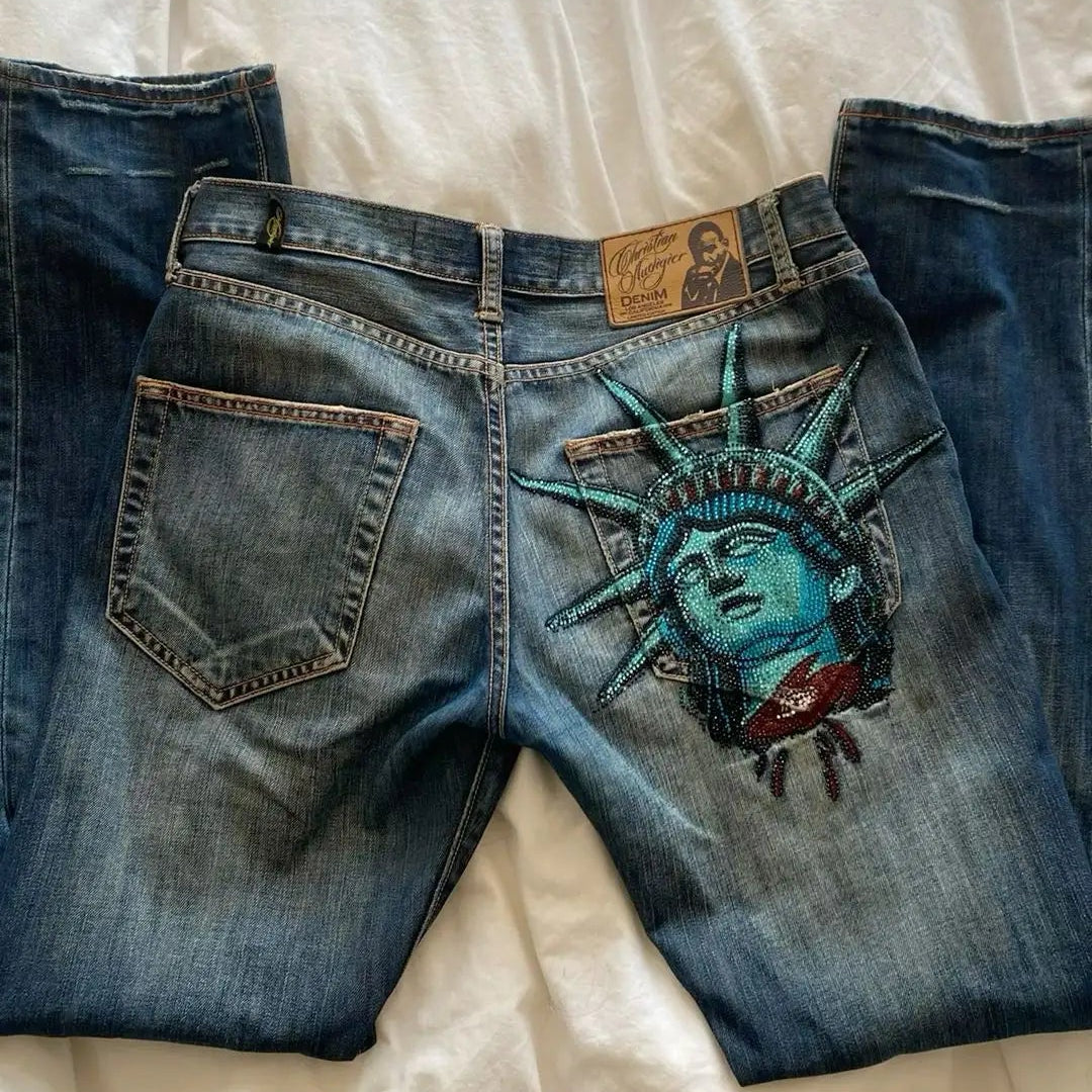 Y2K Denim Jeans for Dame – Høytlivs Vide Bukser med Statue of Liberty & Diamantdetaljer | Vintage 2000-talls Harajuku Stil