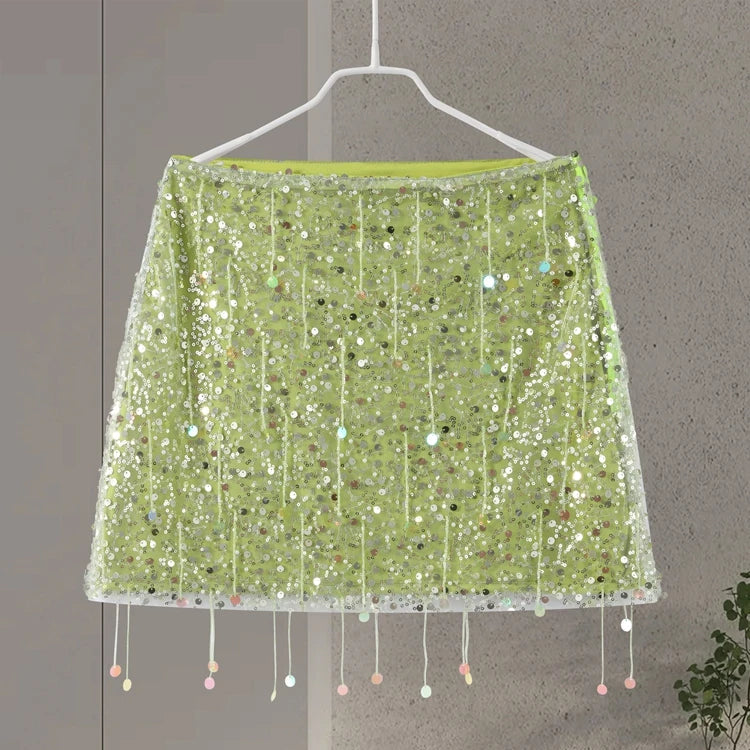 Glimrende Ibiza-sett – Paljetter & Frynser, Ermeløs Topp & Skjørt