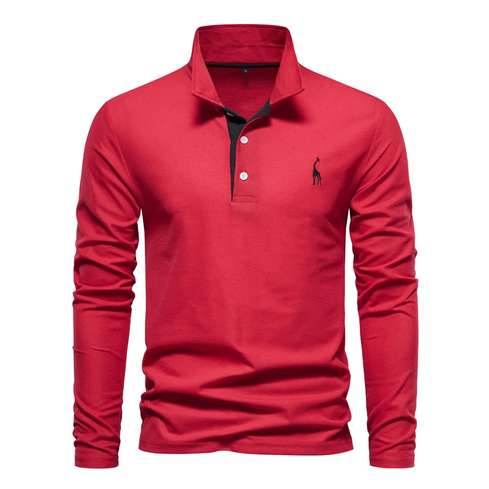Langermet Pique Skjorte for Herre – Ensfarget med Brodert Hjort, Perfekt for Vår og Business Casual