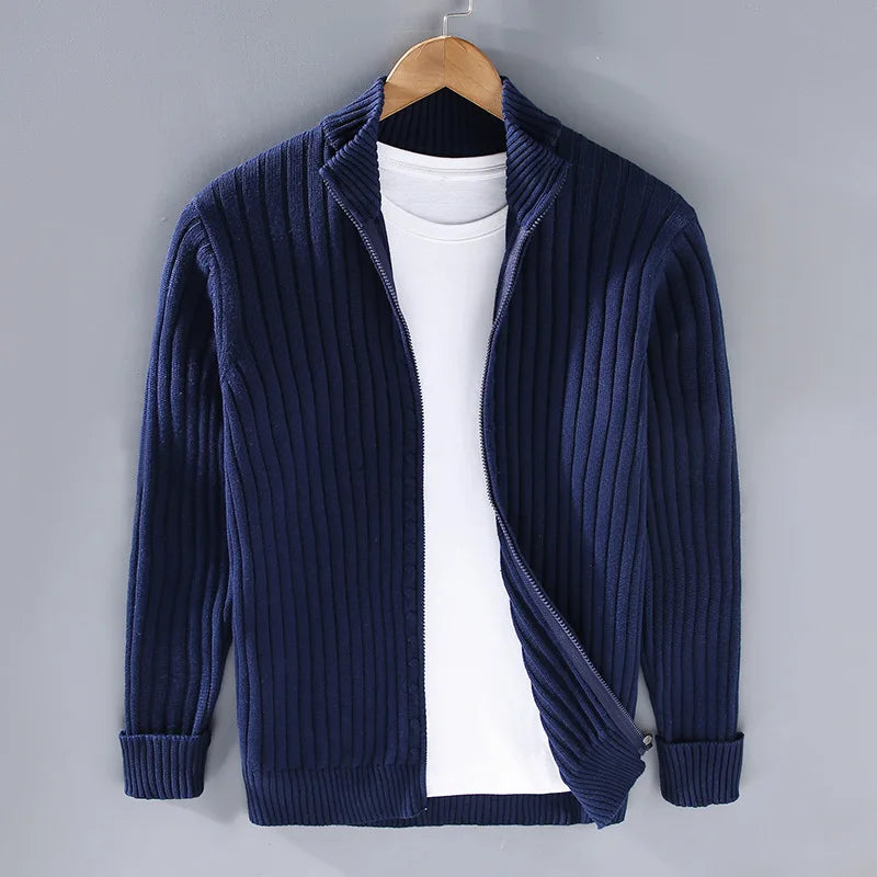 Strikket Herrecardigan med Glidelås – Slim Fit, Halvhøy Hals og Varm Komfort til Vår og Høst