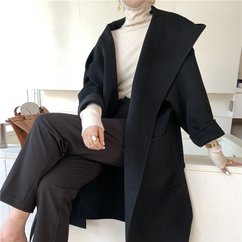 Vintage Elegant Cashmere Kåpe til Dame – Dobbelsidig Ullkåpe med Hette