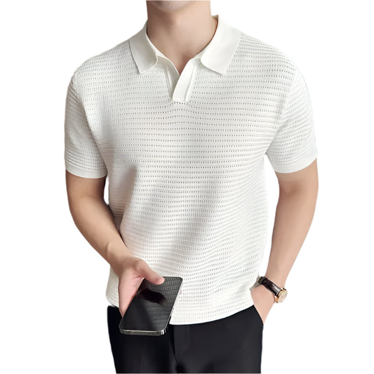 Sommer Polo T-skjorte for Menn – Tynn Strikket V-hals med Strukturert Stripemønster (2024)