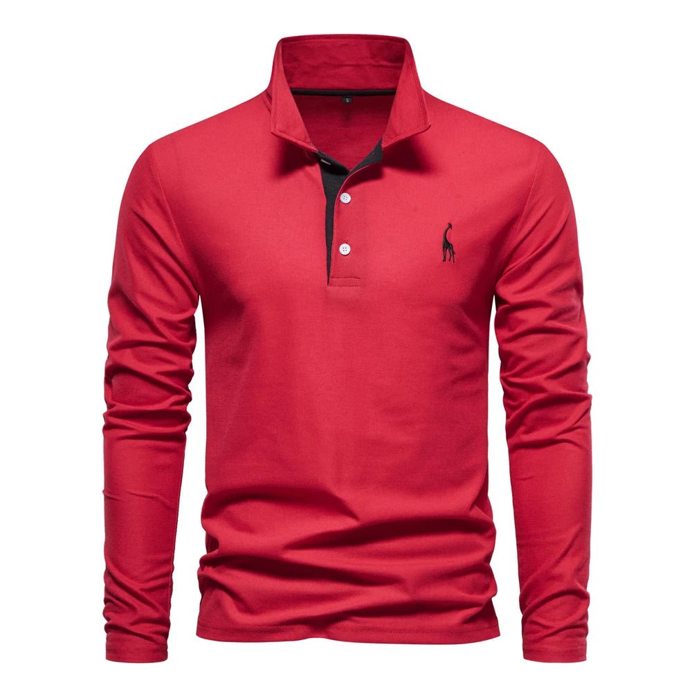 Langermet Pique Skjorte for Herre – Ensfarget med Brodert Hjort, Perfekt for Vår og Business Casual