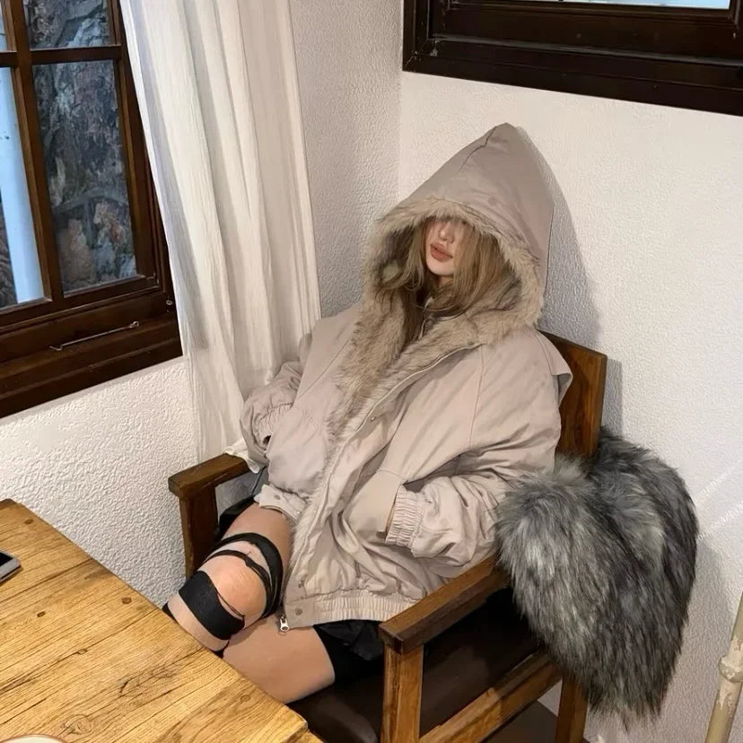 Unisex Retro Skinnjakke med Fuskepelskrage – Varm, Løs & Trendy Motorsykkeljakke i Harajuku-stil