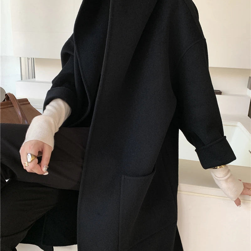 Vintage Elegant Cashmere Kåpe til Dame – Dobbelsidig Ullkåpe med Hette