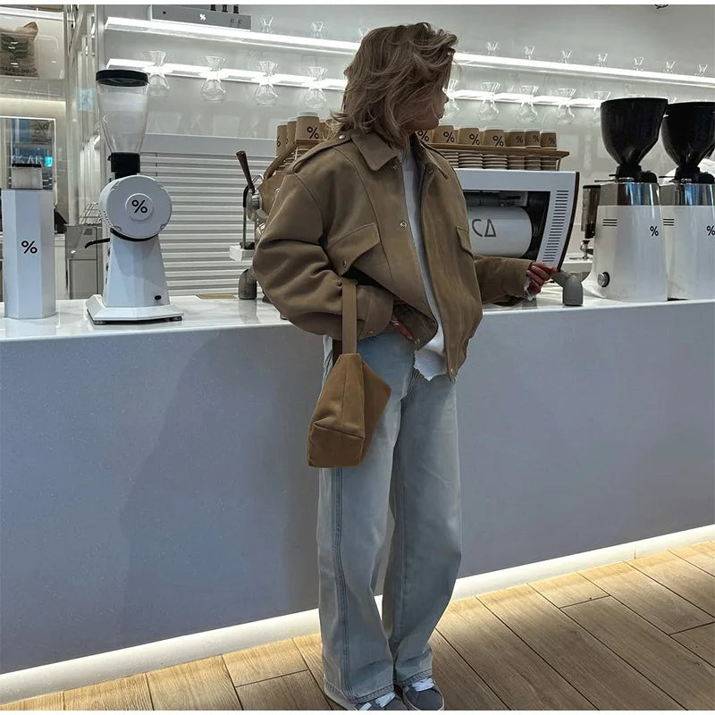 Dame Bomberjakke – Vintage Semsket Patchwork med Glidelås & Lommer