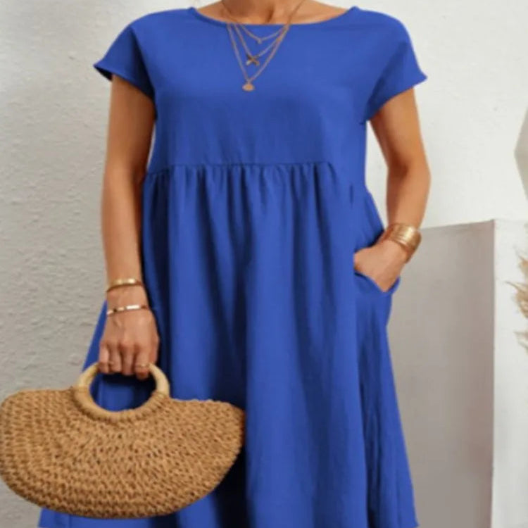 Sommerkjole i Bomull – Elegant Boho A-linje Kjole med Korte Ermer for Kvinner
