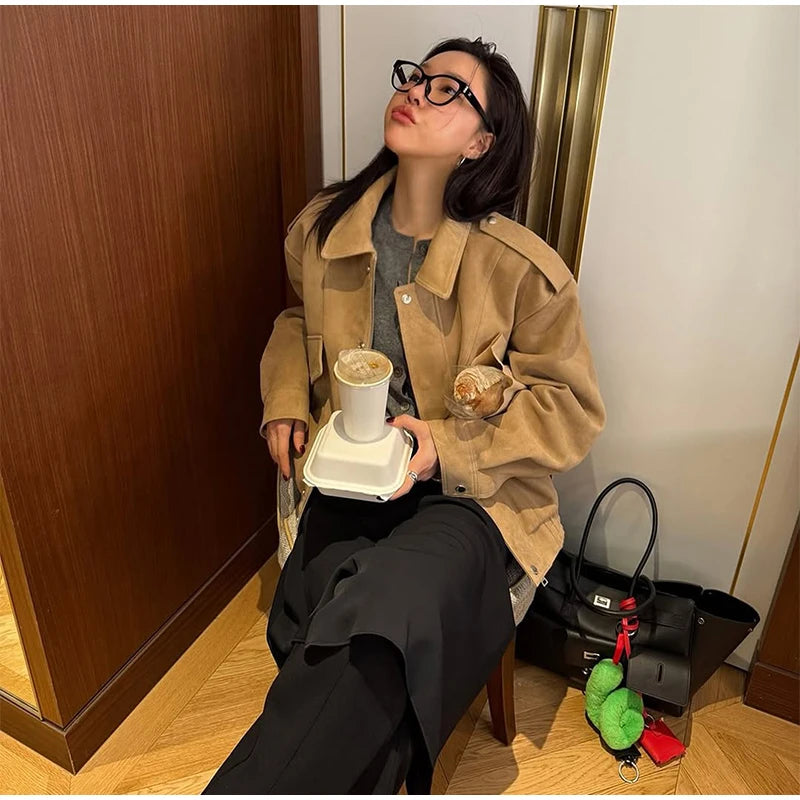 Dame Bomberjakke – Vintage Semsket Patchwork med Glidelås & Lommer