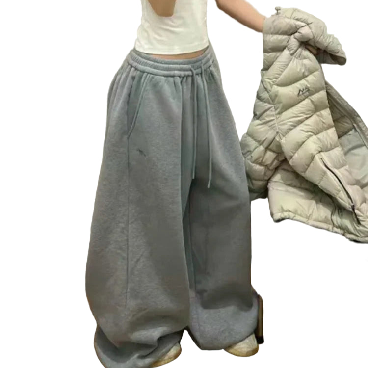 Grå Streetwear Joggebukser for Dame – Høytlivs Wide Leg Sweatpants i Koreansk Stil | Løse, Komfortable & Trendy
